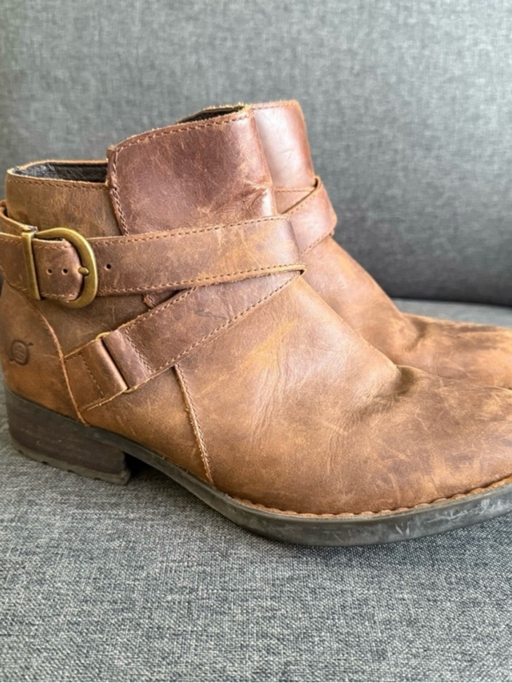 Born Distressed Tan Leather Ankle Booties with Buckle
